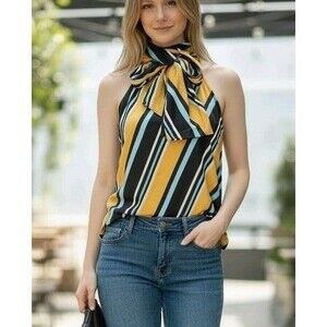 Zara Satin Striped Blouse Tie Neck Top Gold Black Blue Size XS Scarf Attached